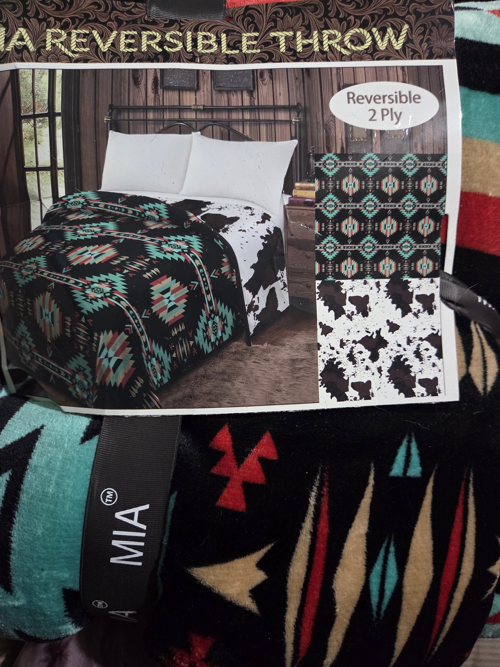MIA Southwestern Reversible Throw Blanket in Black, Teal & Tan
